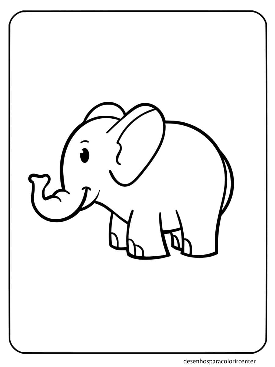 elefante para colorir com expressão engraçada e tromba curvada