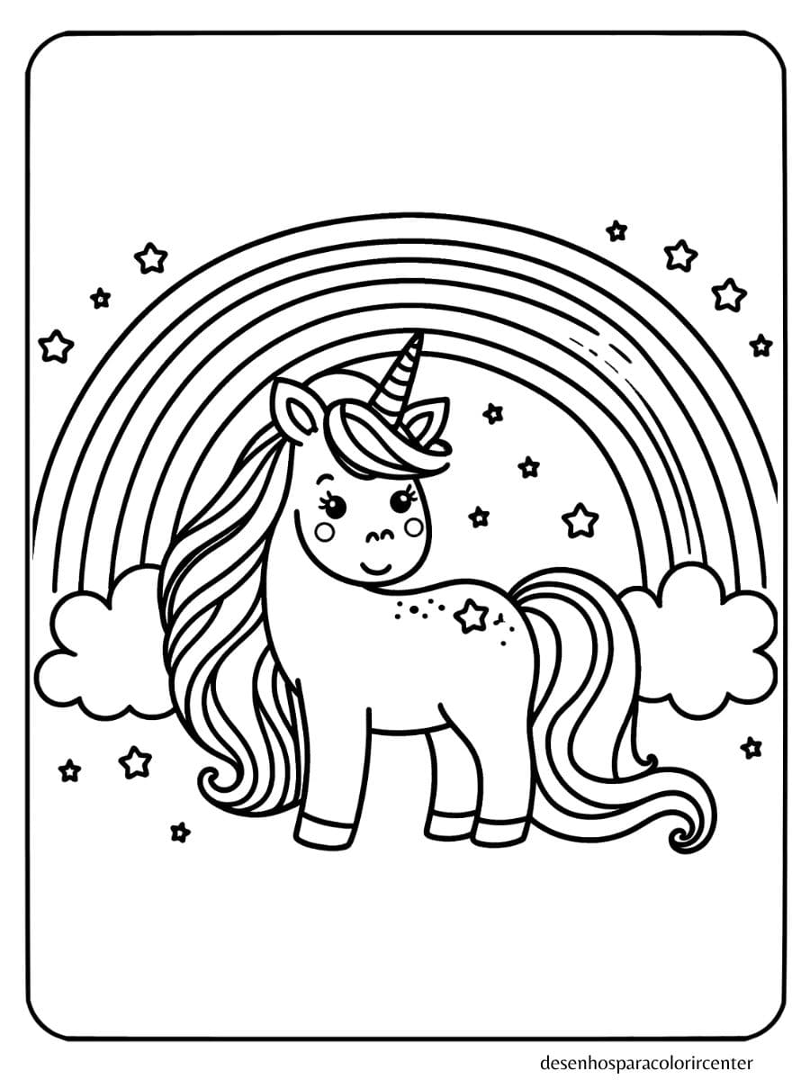desenho de unicornio com arco iris para colorir