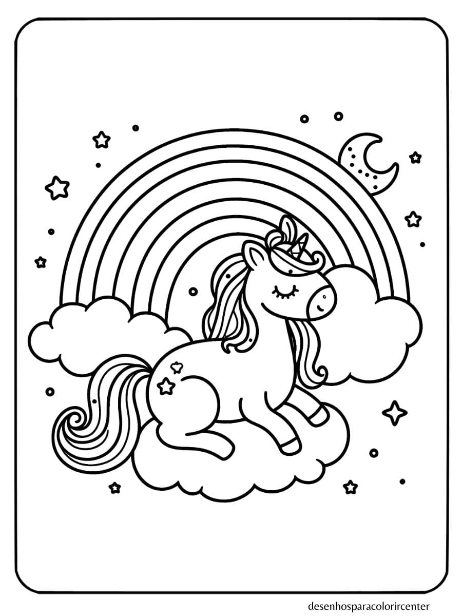 desenho de arco-íris com unicornio para colorir