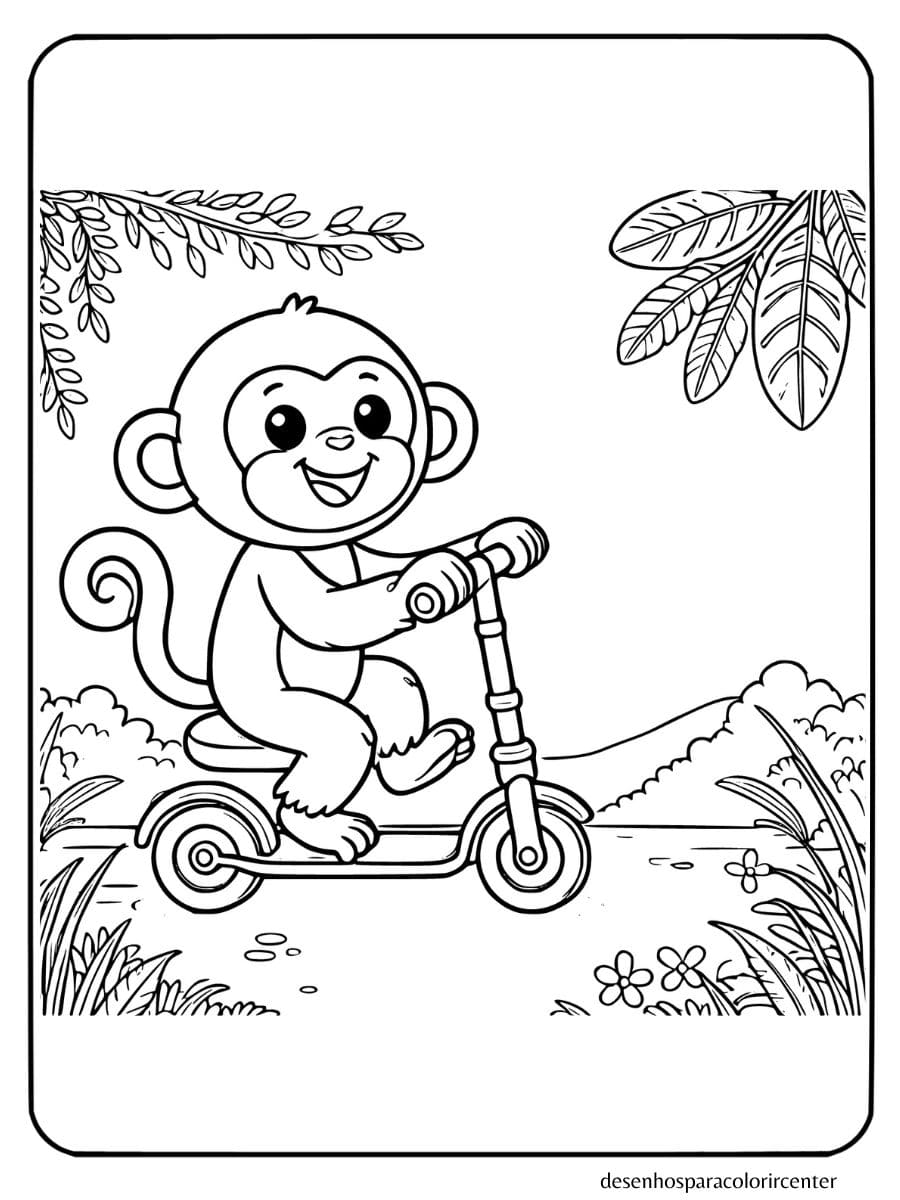 macaco para colorir andando de scooter