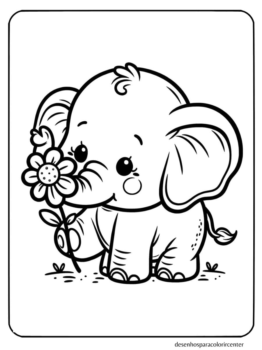 elefante para colorir cheirando uma flor