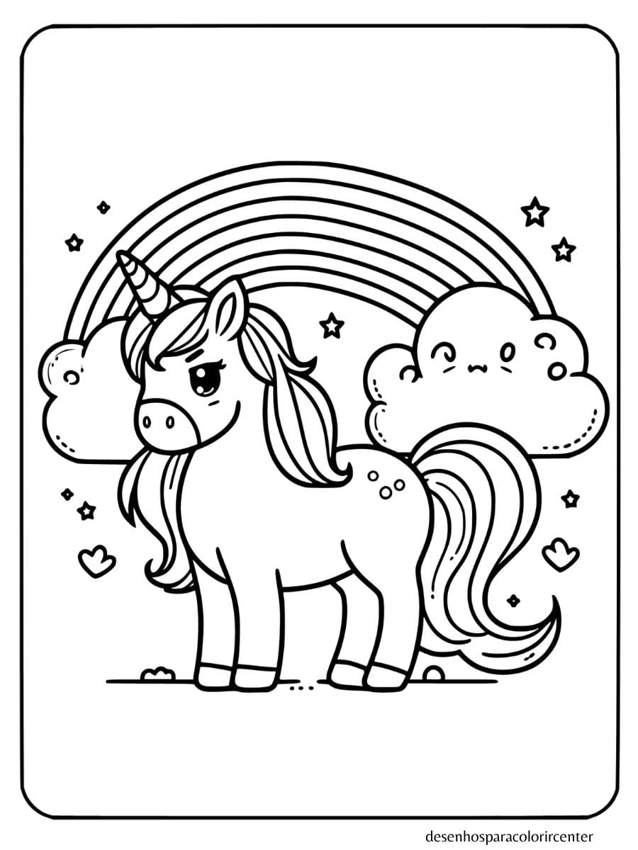 unicornio com arco iris para colorir em desenho