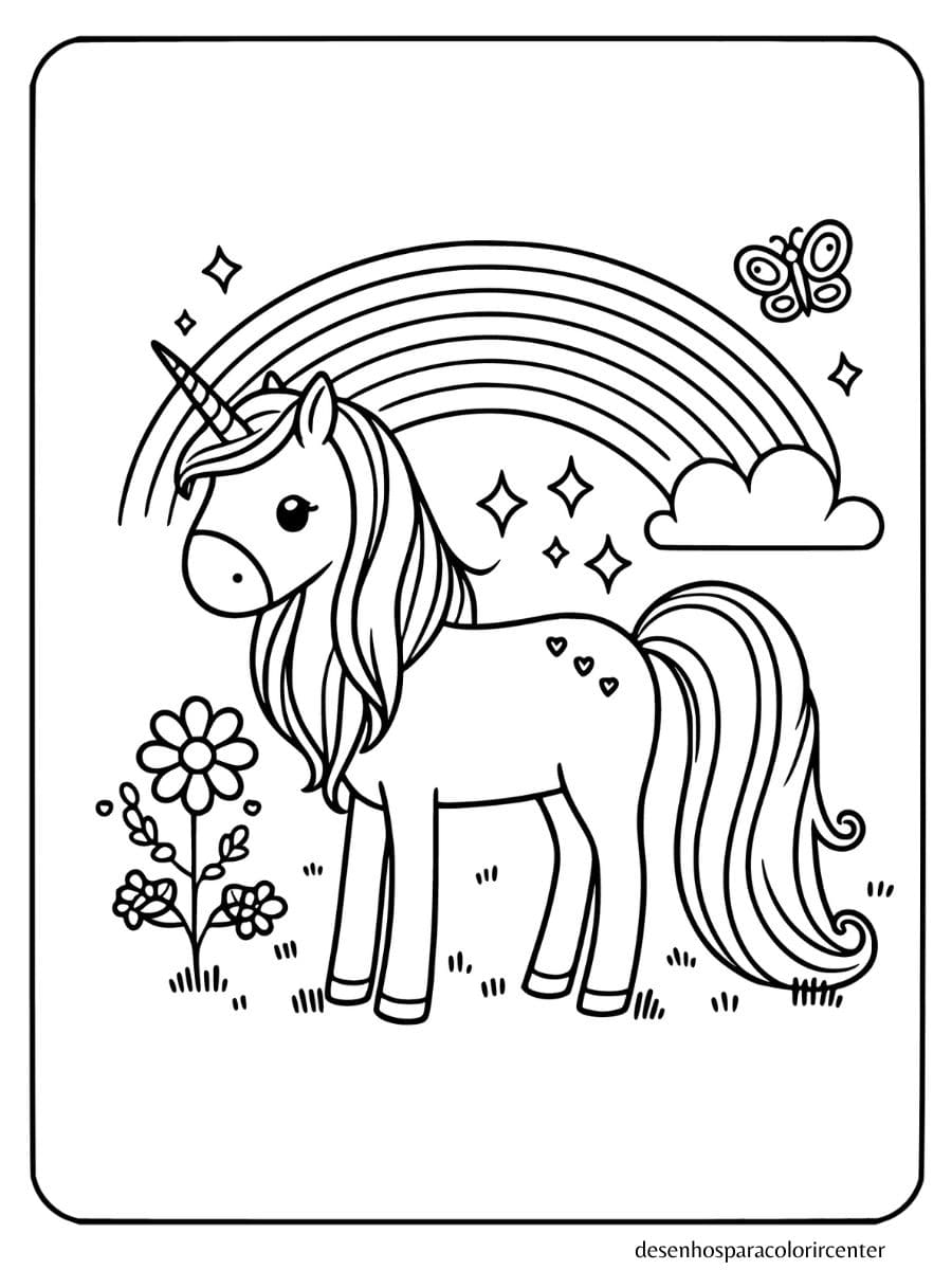 desenho de unicornio e arco iris para colorir