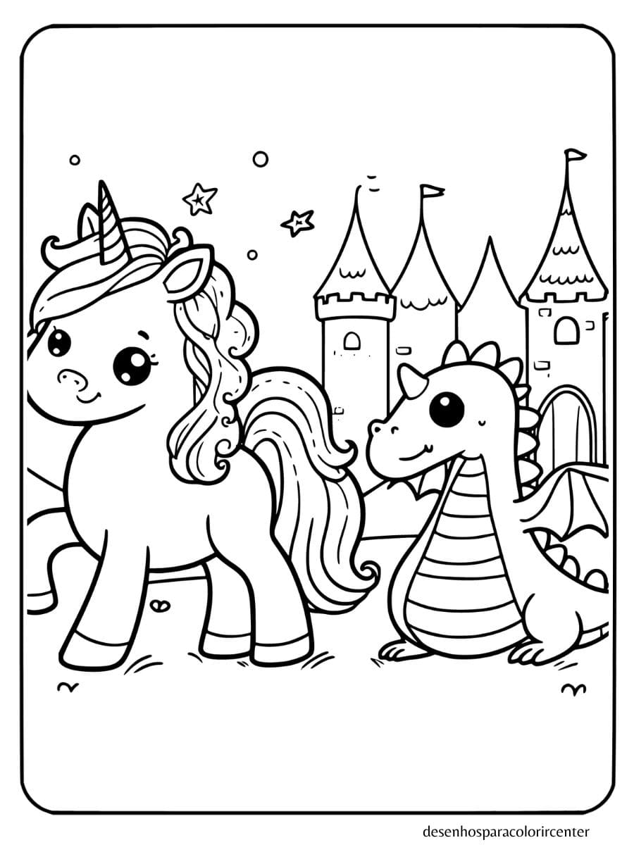 unicornio para colorir con un dragón