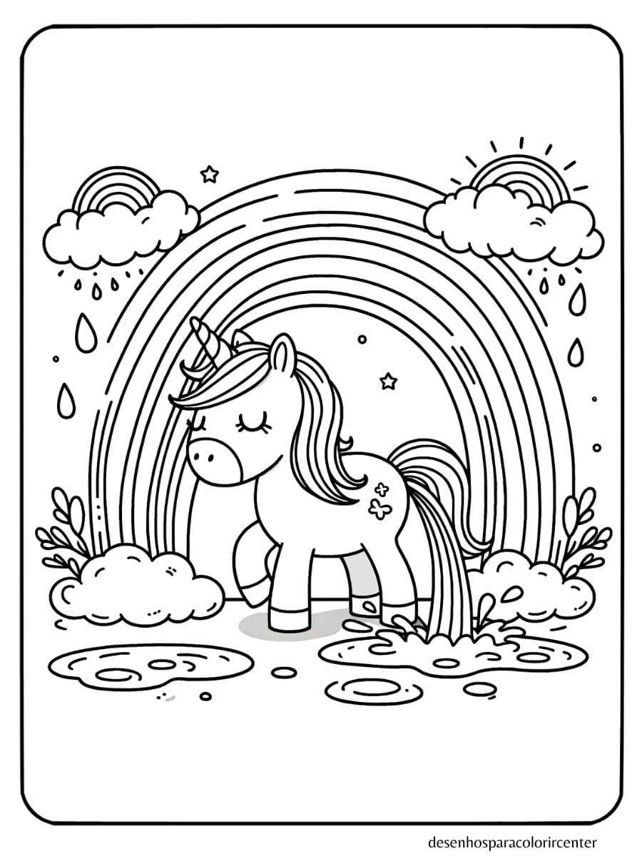 desenho de unicornio com arco iris para colorir