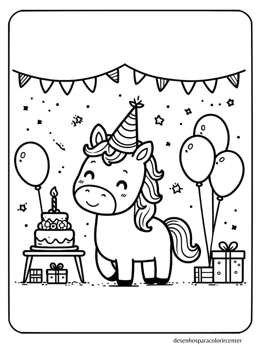 unicornio para colorir en una fiesta