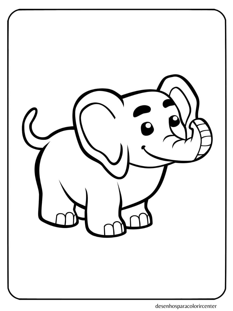 elefante para colorir com expressão alegre e tromba curvada