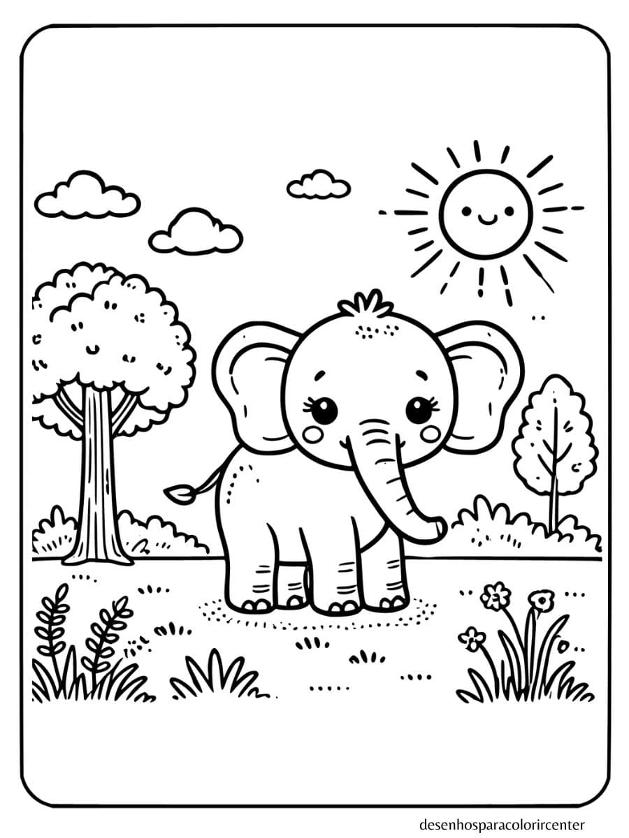 elefante para colorir em cenário natural com sol e árvores