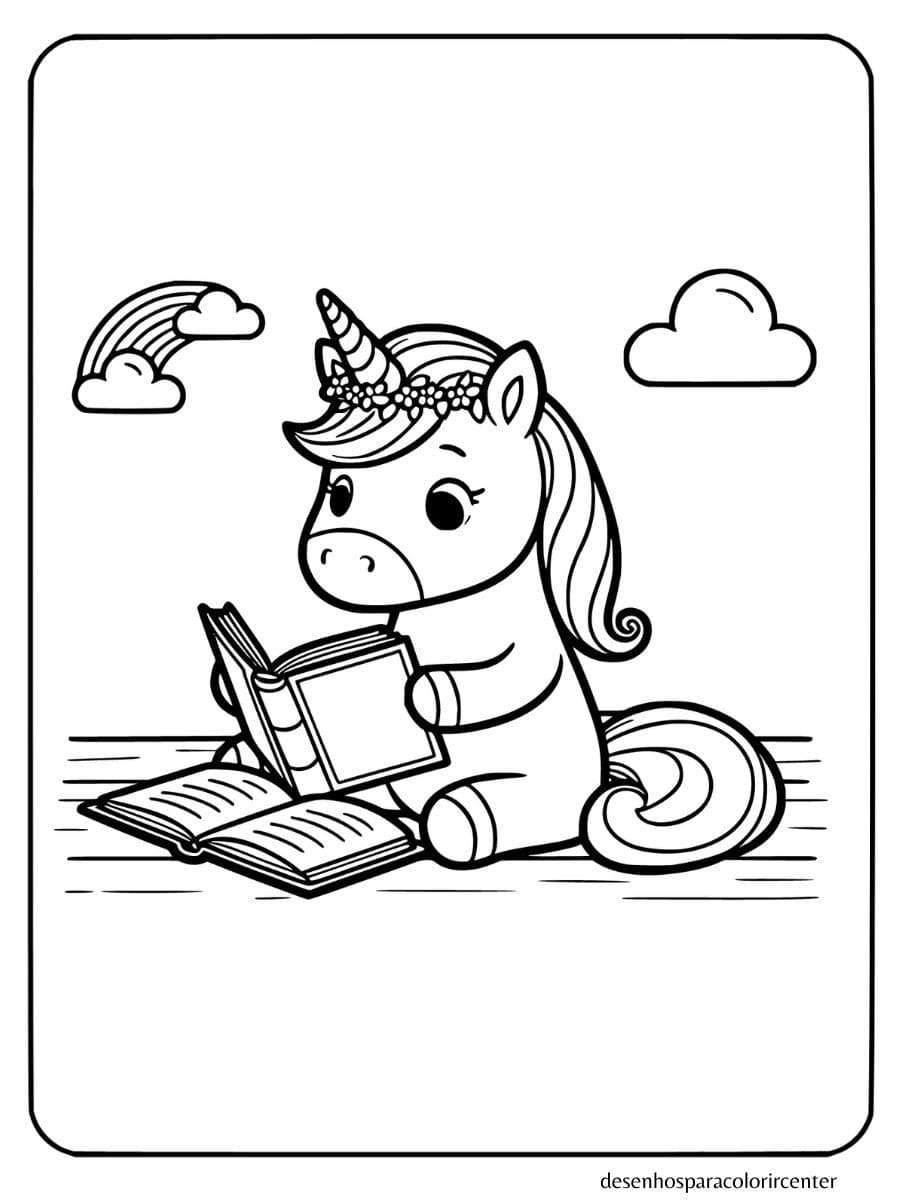 unicornio para colorir lendo um livro