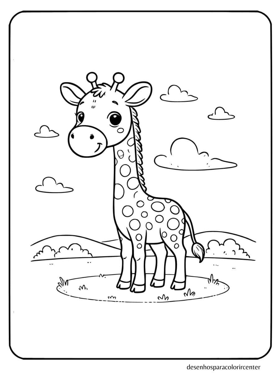 uma girafa para colorir sorrindo em um campo com nuvens e colinas ao fundo