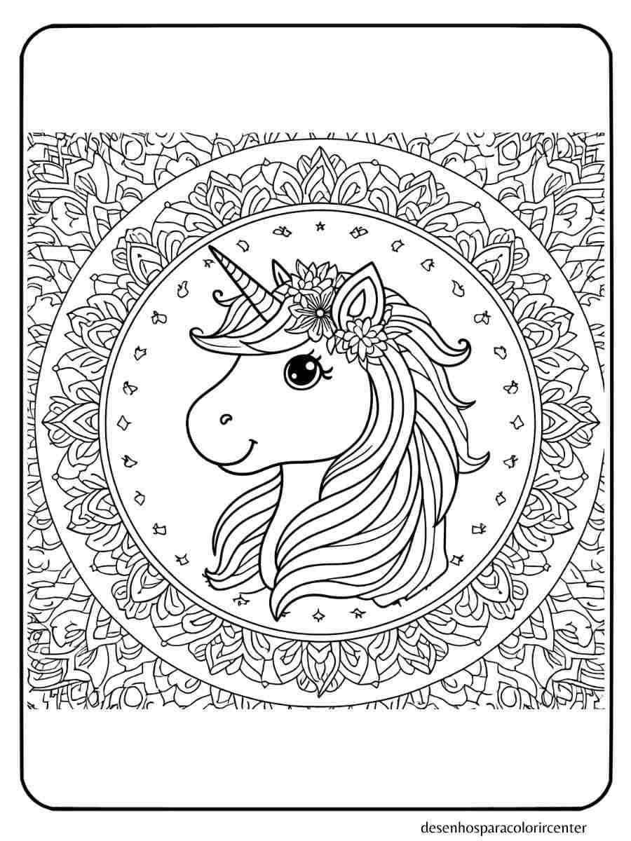 unicornio para colorir em um design de mandala
