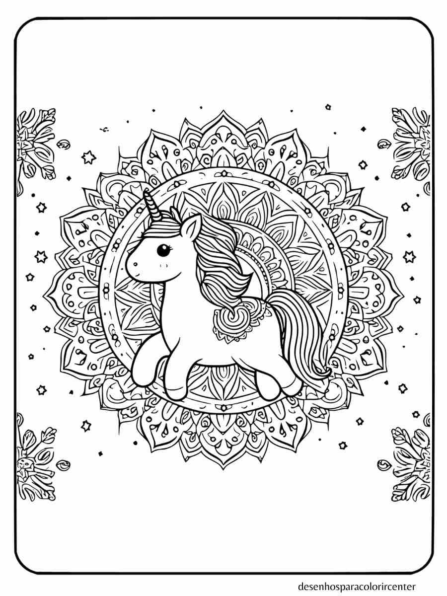 unicornio para colorir em estilo mandala