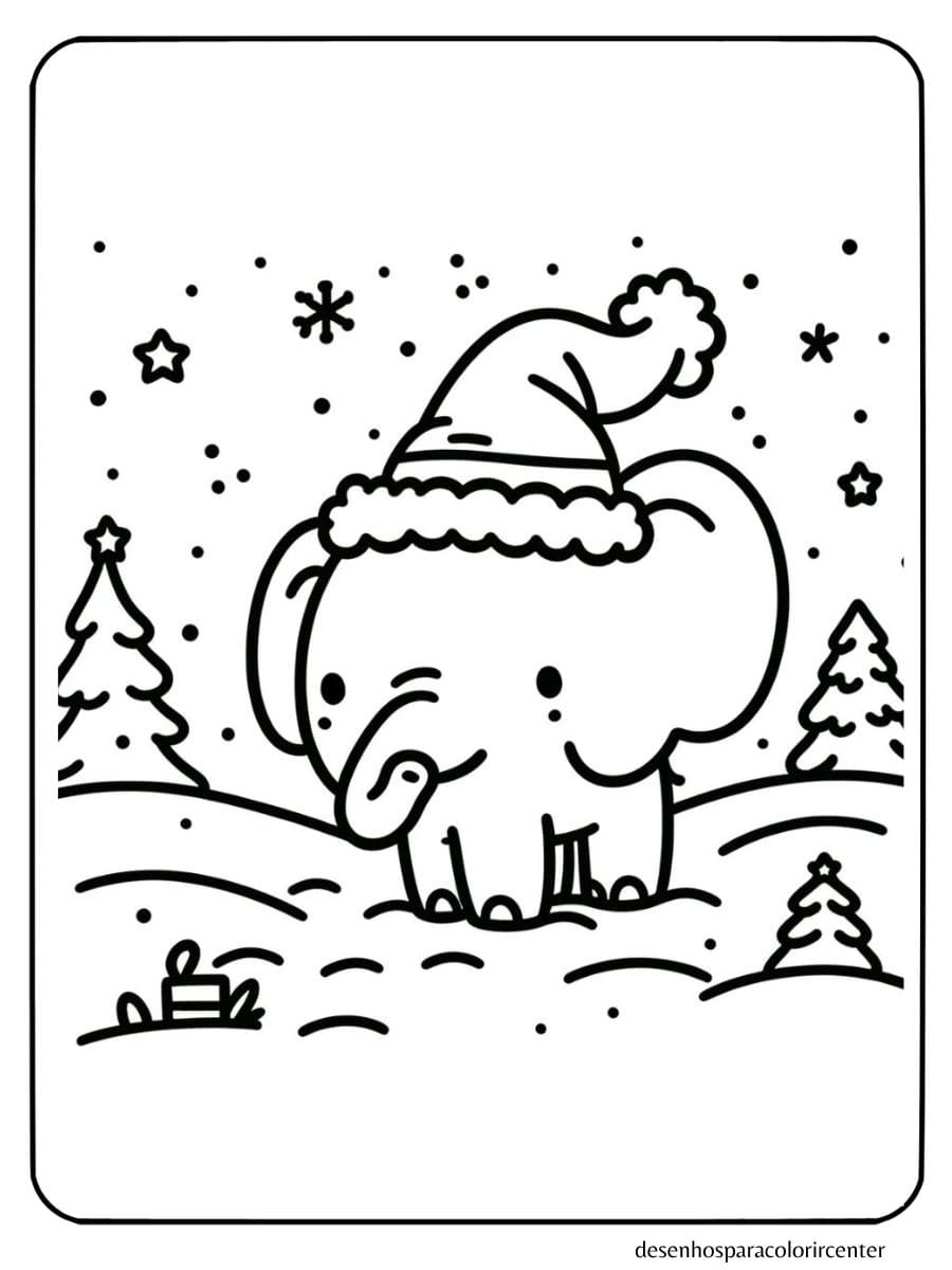 elefante para colorir em cenário de inverno com neve e gorro