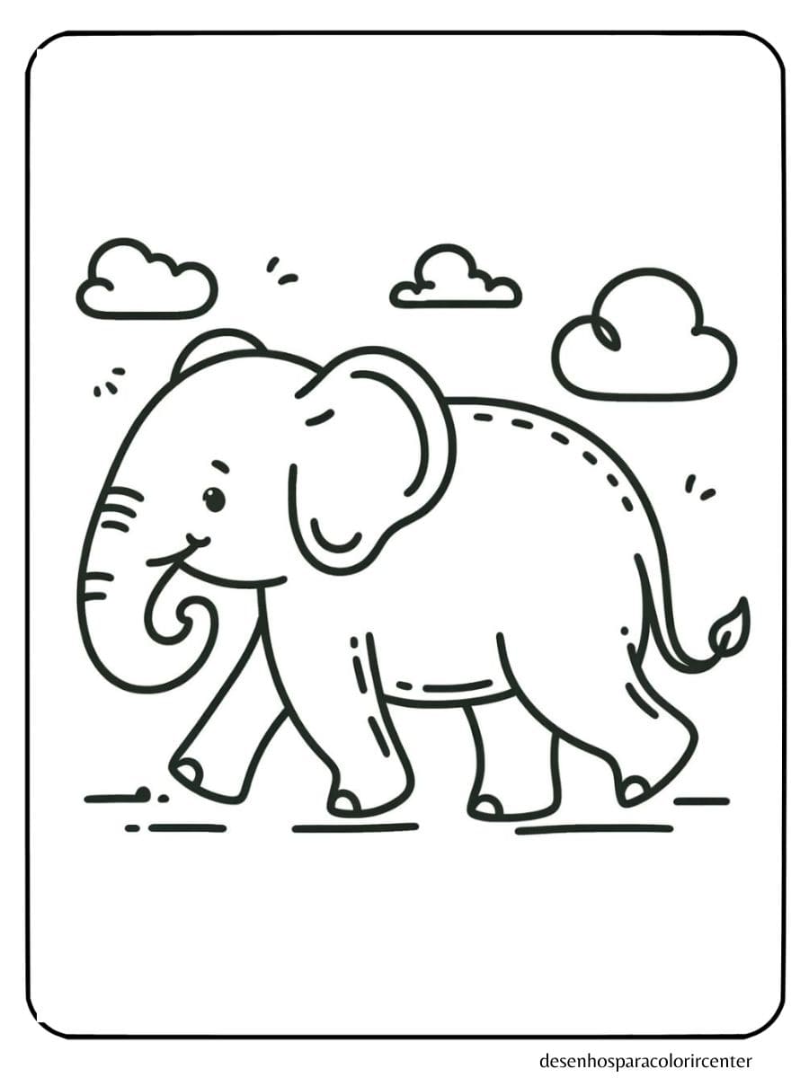 elefante para colorir caminhando com nuvens ao fundo