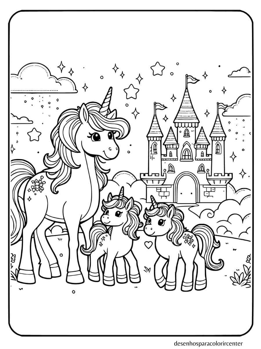 desenho de uma familia unicornio para colorir com um castelo ao fundo