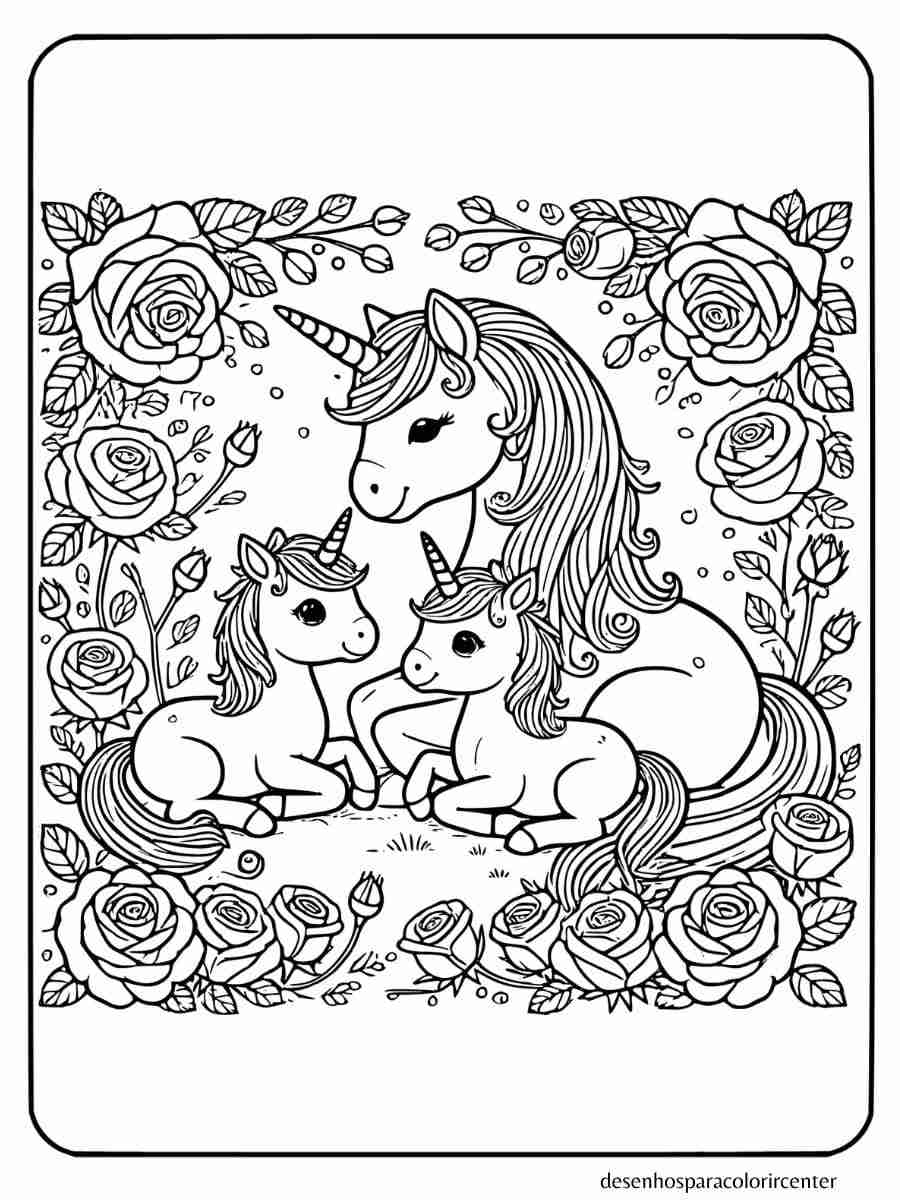 desenho de uma familia unicornio para colorir com rosas