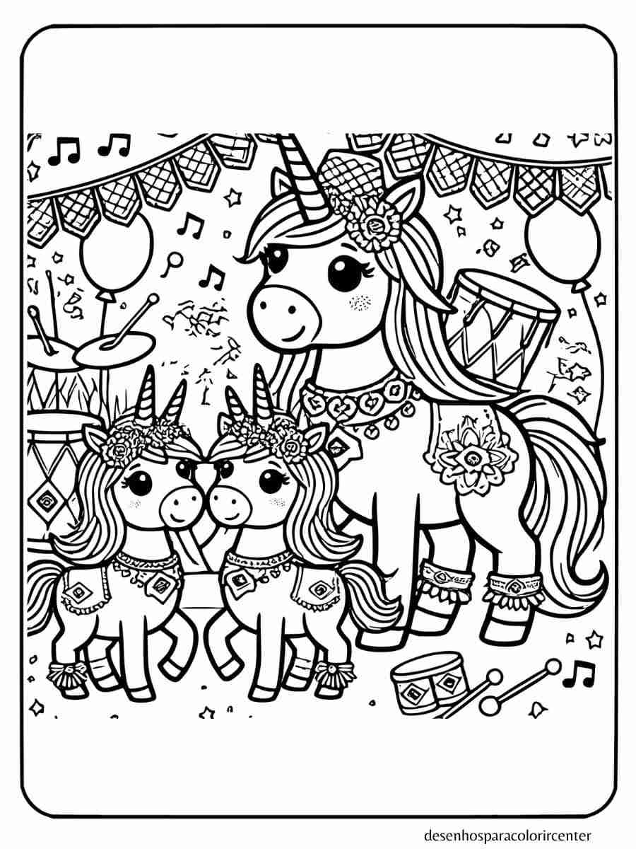 desenho de uma familia unicornio para colorir em uma festa tradicional