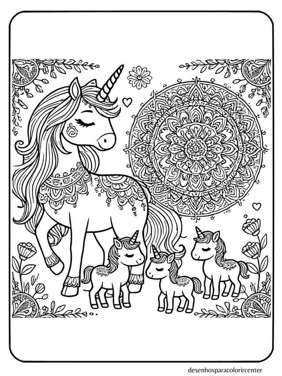 desenho de uma familia unicornio para colorir em estilo mandala