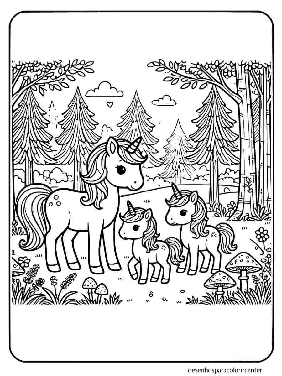 desenho de uma familia unicornio para colorir em uma floresta