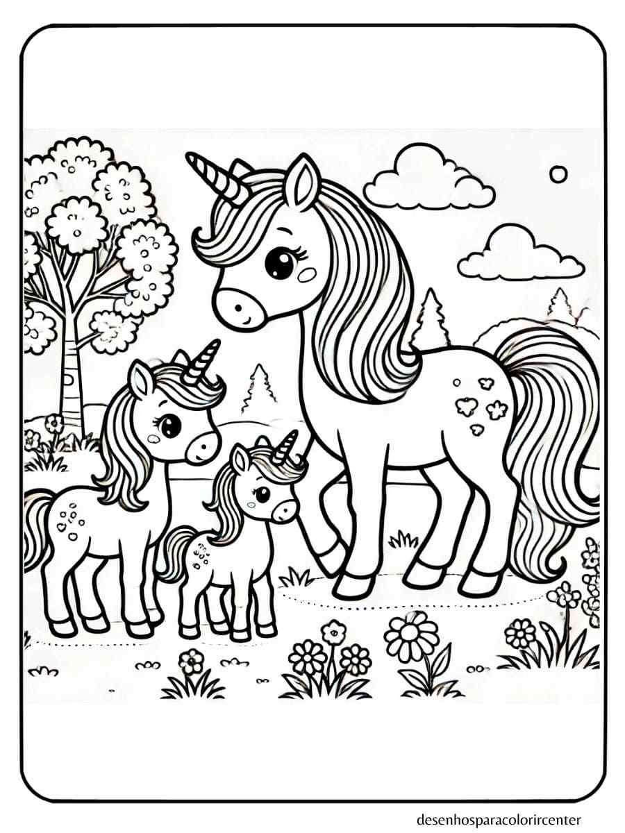 desenho de uma familia unicornio para colorir em um prado