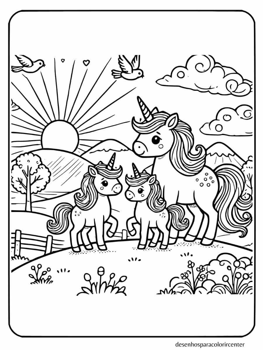 desenho de uma familia unicornio para colorir no topo de uma colina