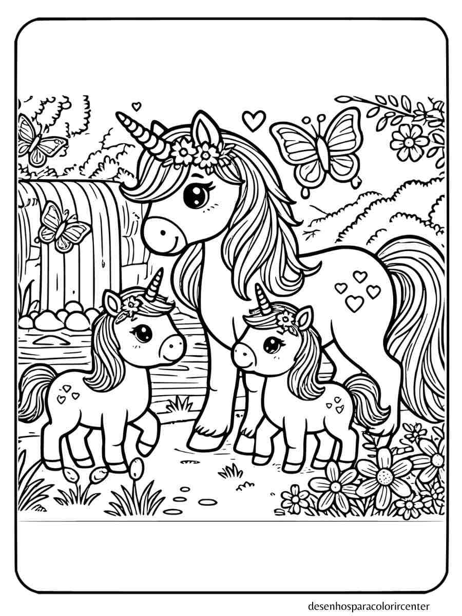 desenho de uma familia unicornio para colorir perto de uma cachoeira