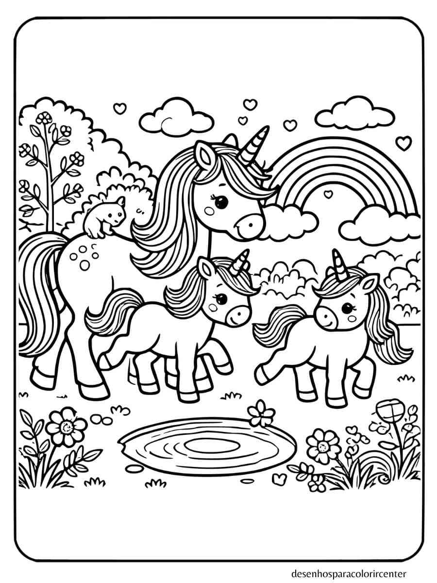 desenho de uma familia unicornio para colorir perto de um lago