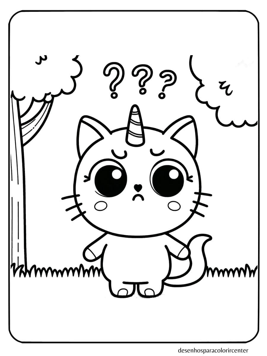 gatinho unicórnio para colorir confuso, com ponto de interrogação e árvore