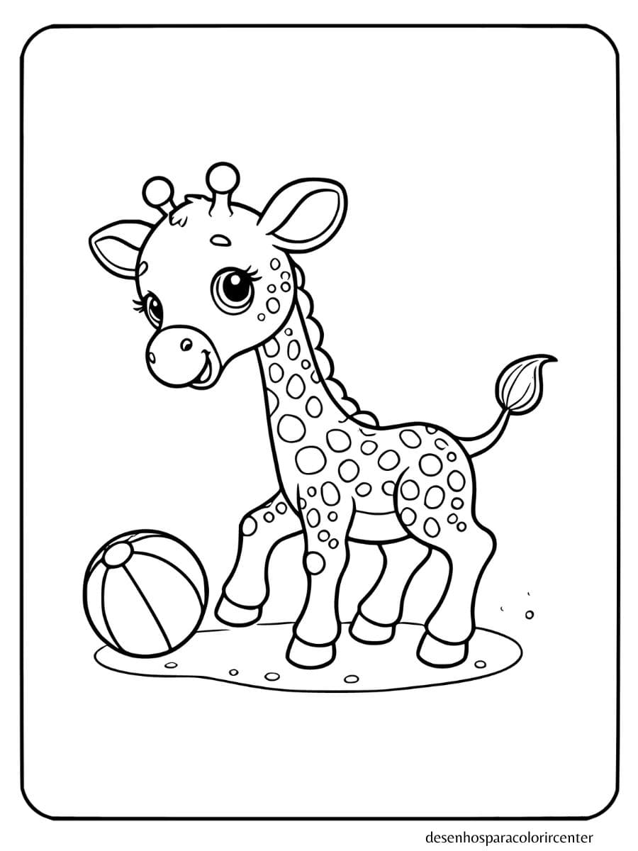 uma girafa para colorir brincando com uma bola na grama com colinas e nuvens