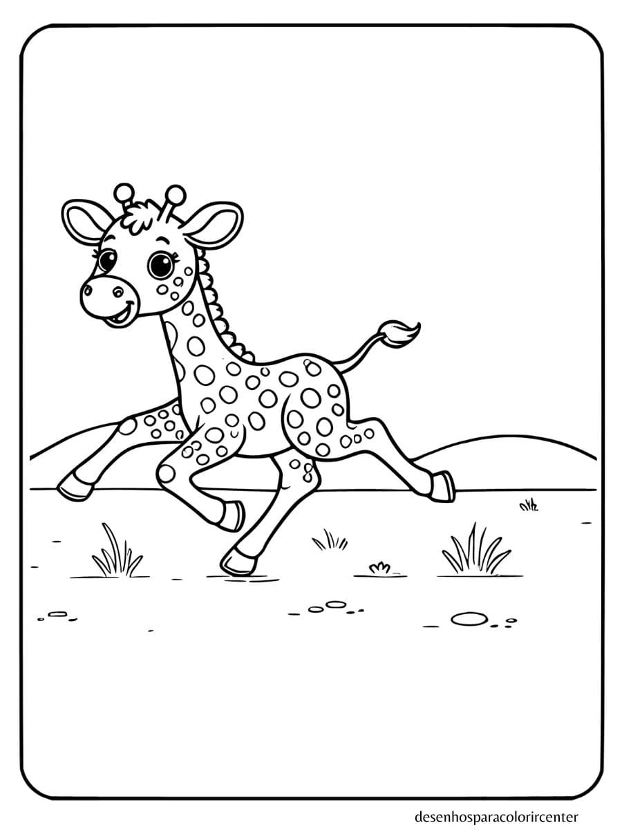 uma girafa para colorir correndo em um campo com colinas ao fundo