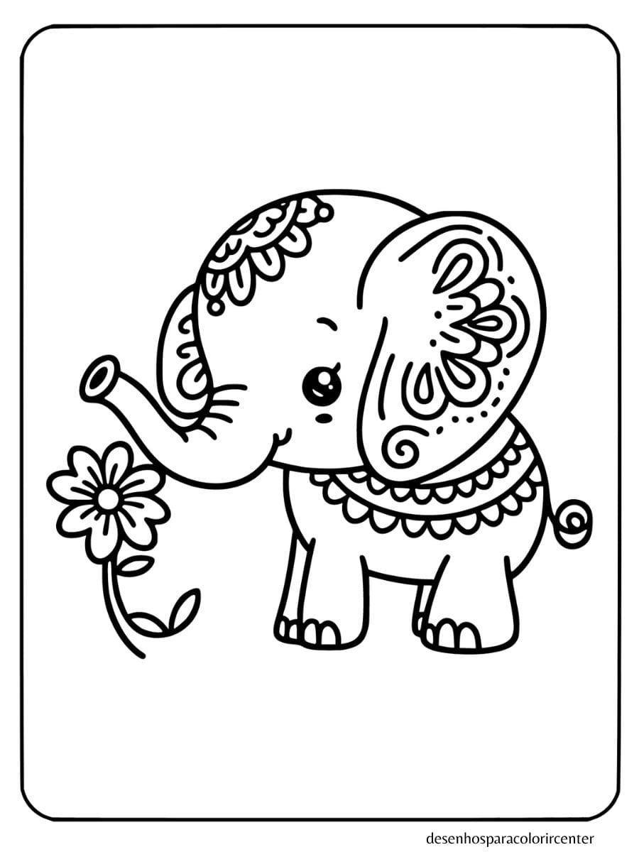 elefante para colorir segurando uma flor