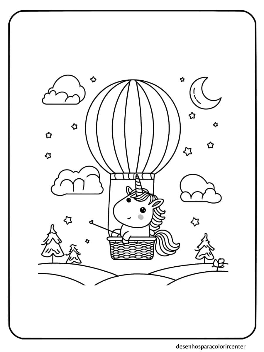 unicornio para colorir em um balão de ar quente
