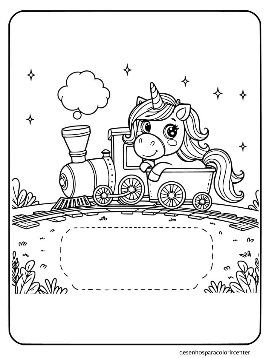 unicornio para colorir em um trem mágico