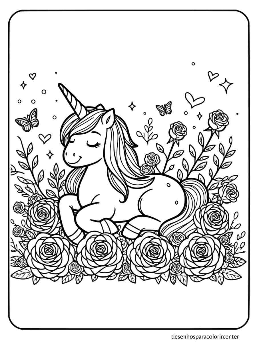 unicornio para colorir com rosas