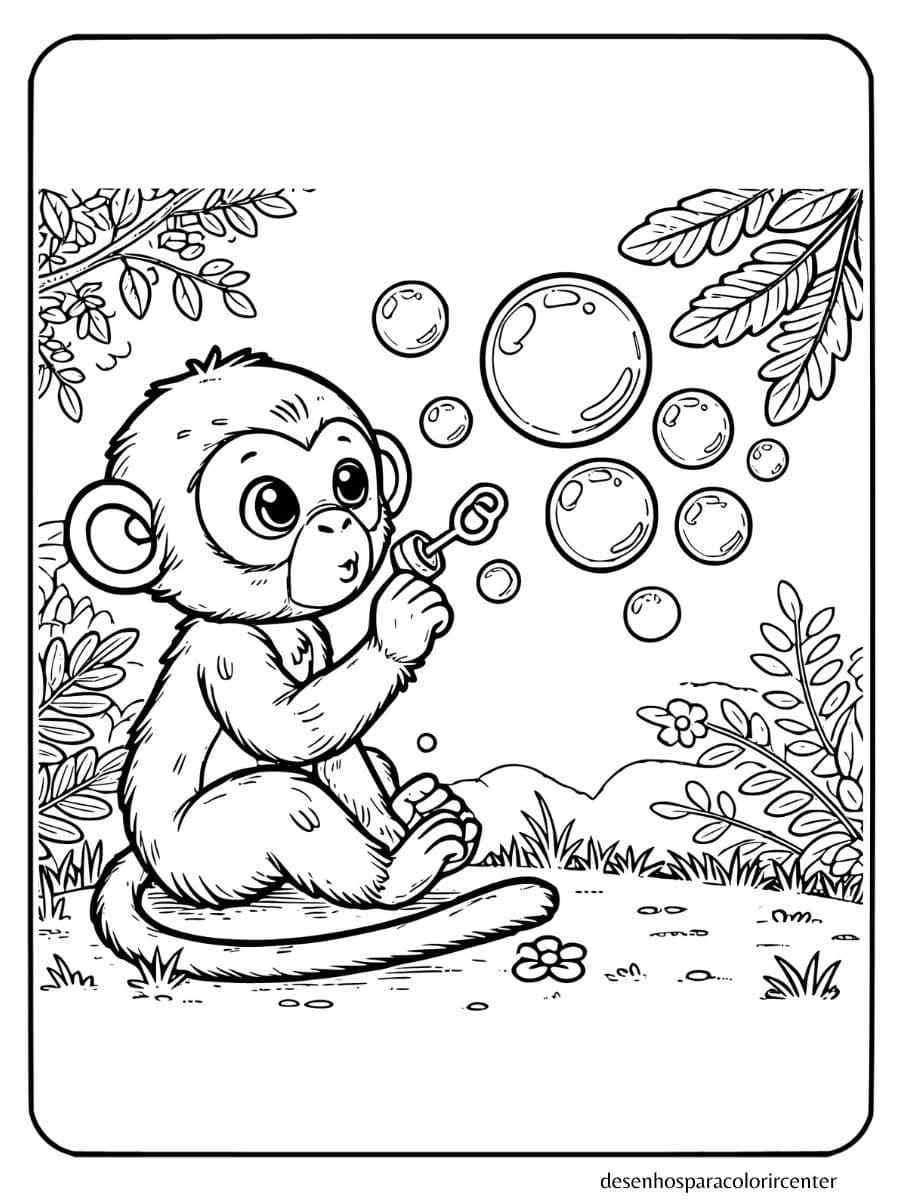 macaco para colorir soprando bolhas