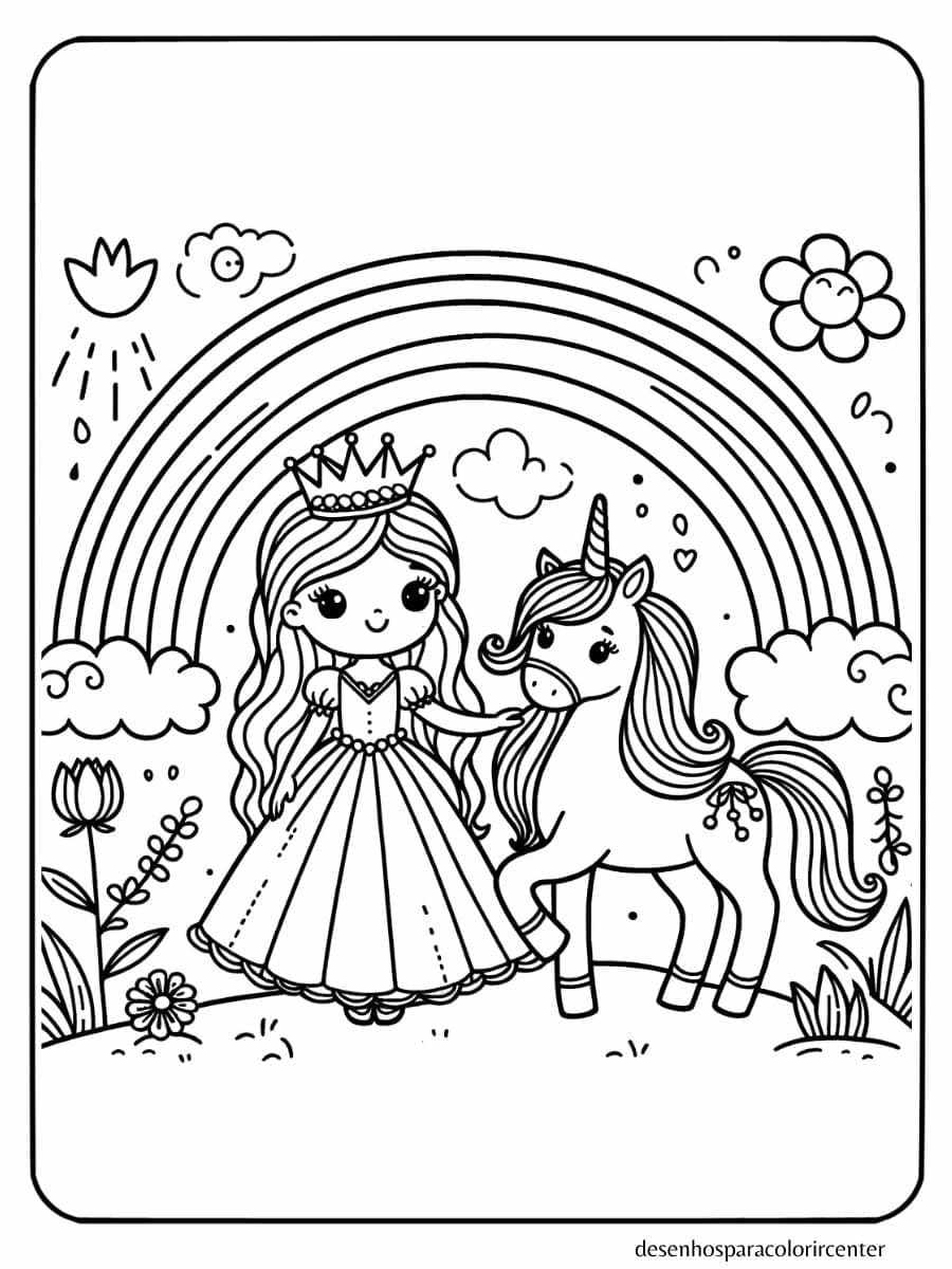 unicornio com princesa para colorir arco-íris