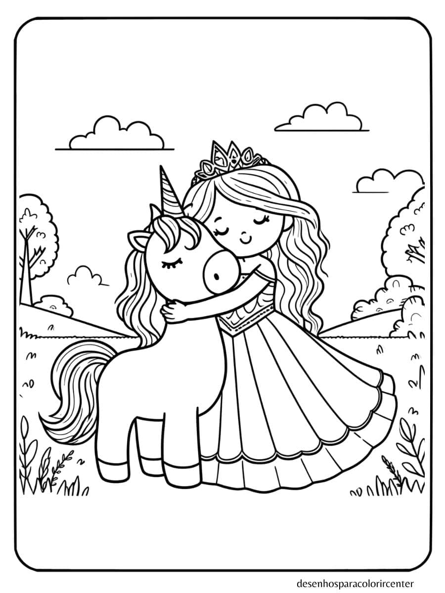unicornio com princesa para colorir campo com nuvens