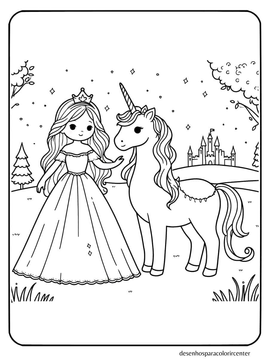 unicornio com princesa para colorir castelo e árvores