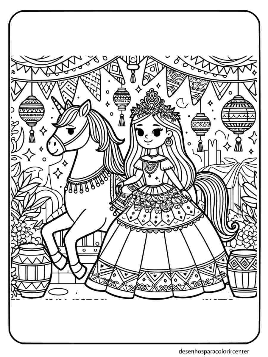 unicornio com princesa para colorir festival brasileiro