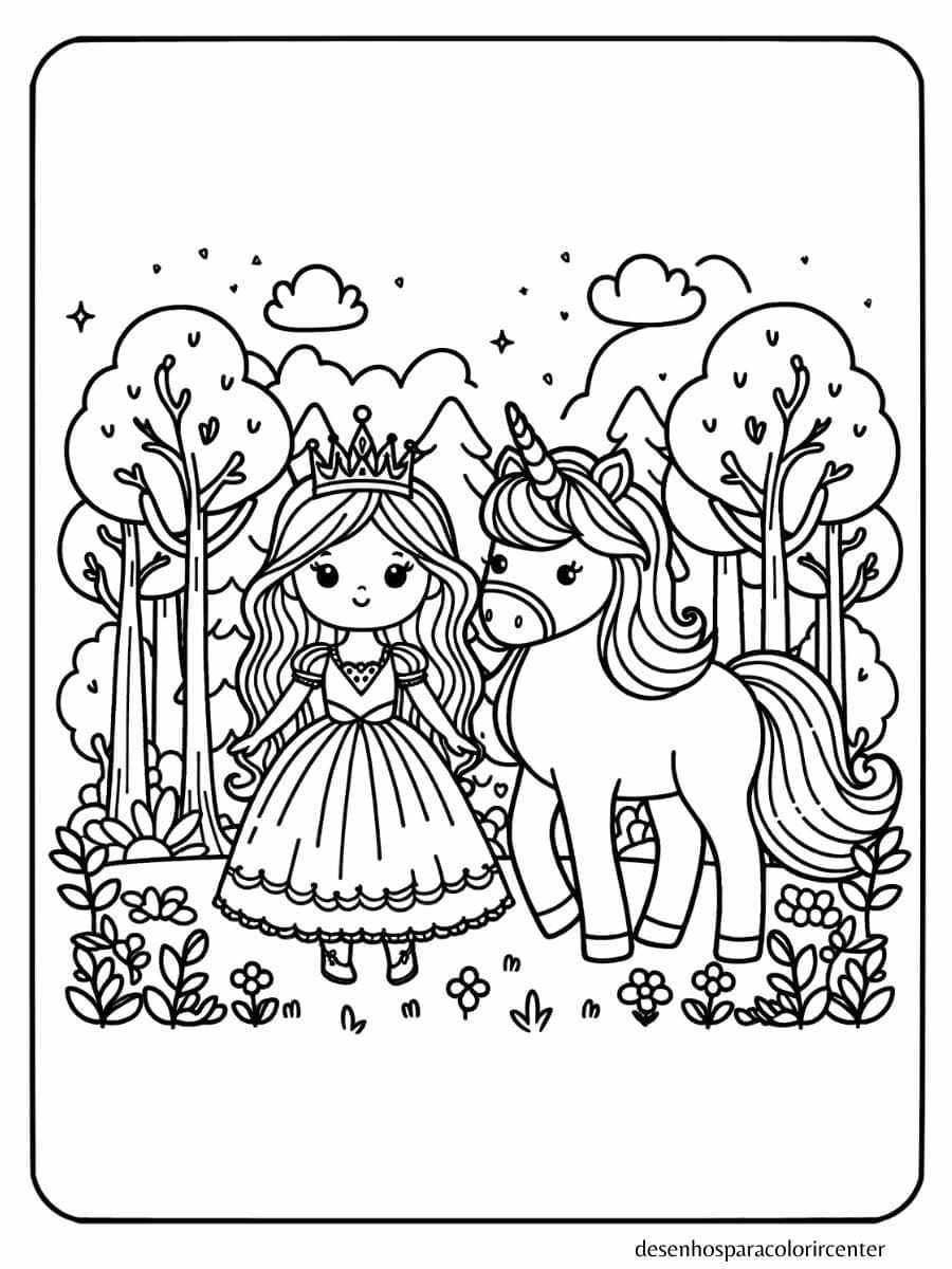 unicornio com princesa para colorir floresta