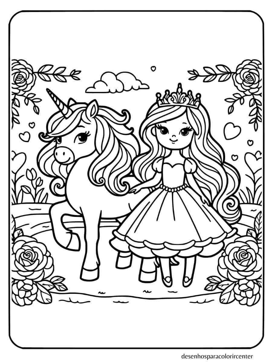 unicornio com princesa para colorir jardim de rosas