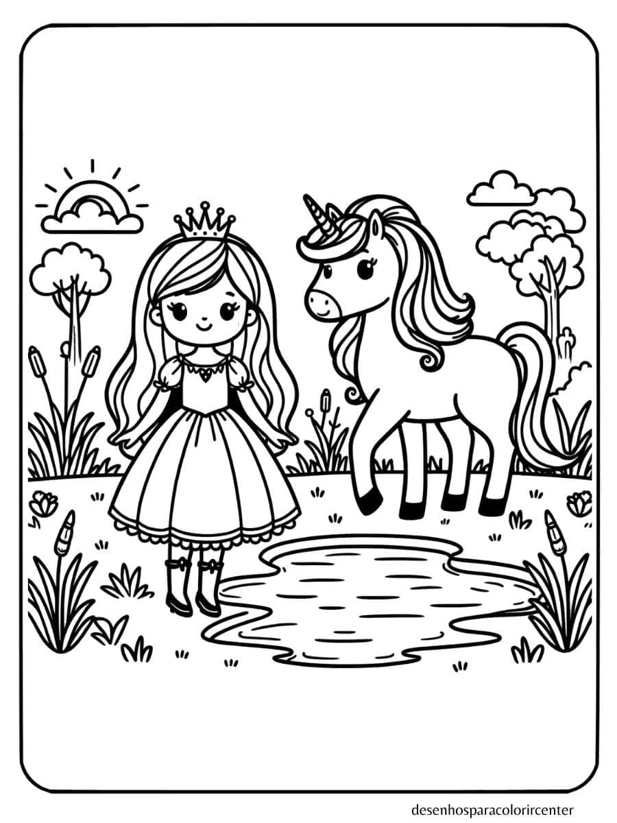 unicornio com princesa para colorir lago