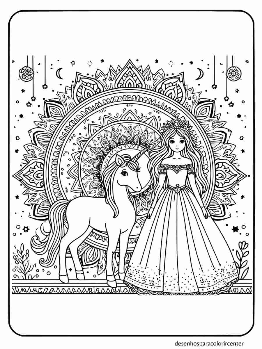 unicornio com princesa para colorir mandala