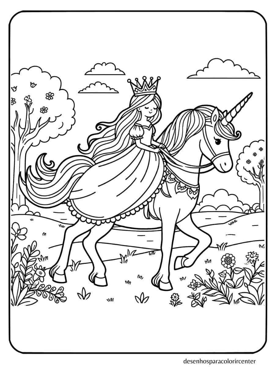unicornio com princesa para colorir prado com flores