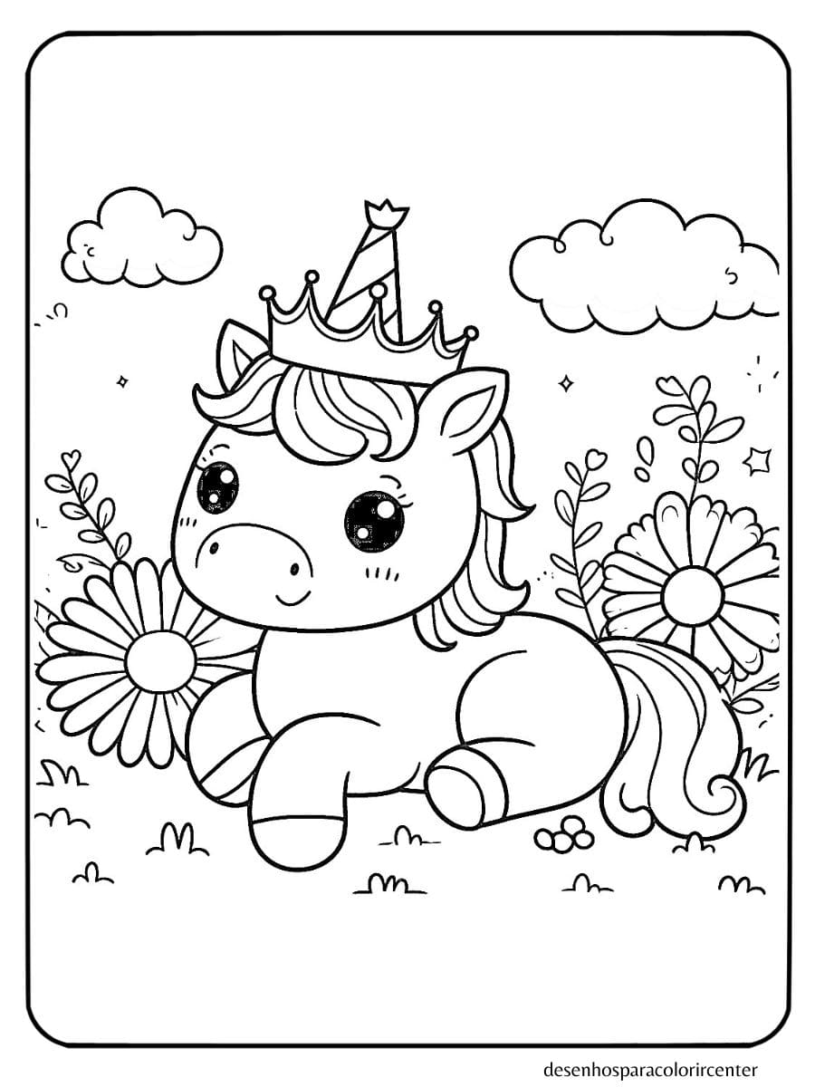 com coroa deitada entre flores unicornio bebe para colorir
