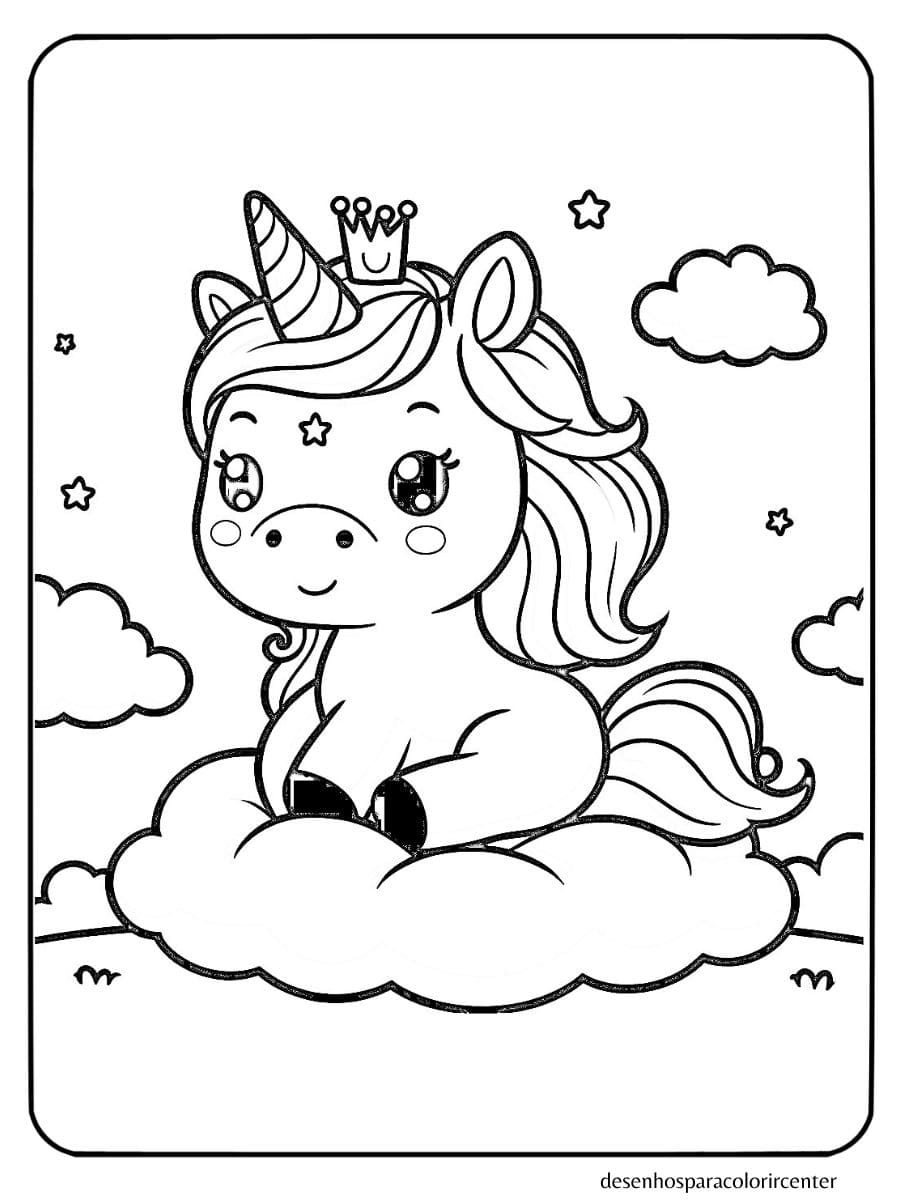 Com Coroa na Nuvem Unicornio Bebe Para Colorir