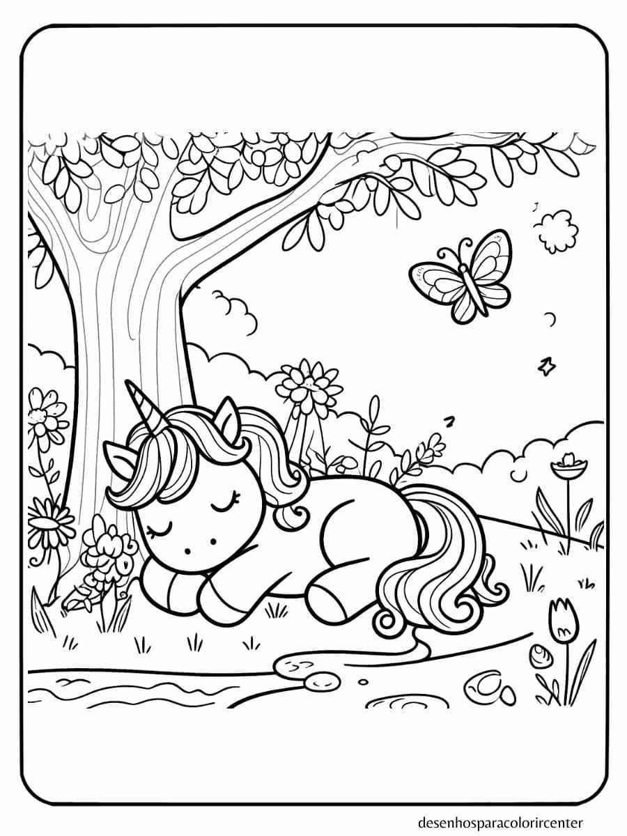 dormindo pacificamente debaixo de uma árvore unicornio bebe para colorir