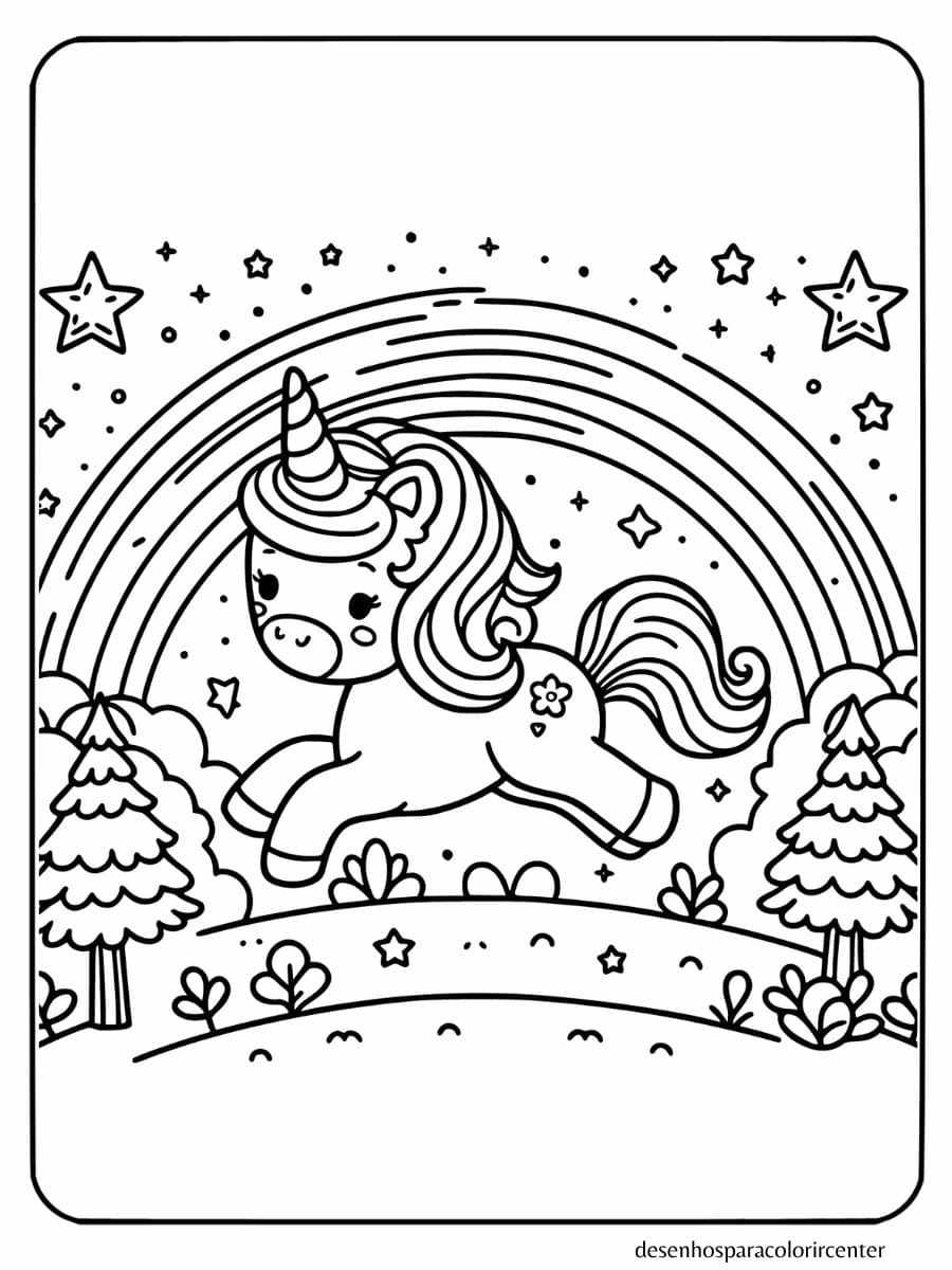 unicornio bebe pulando de alegria em uma floresta mágica para colorir