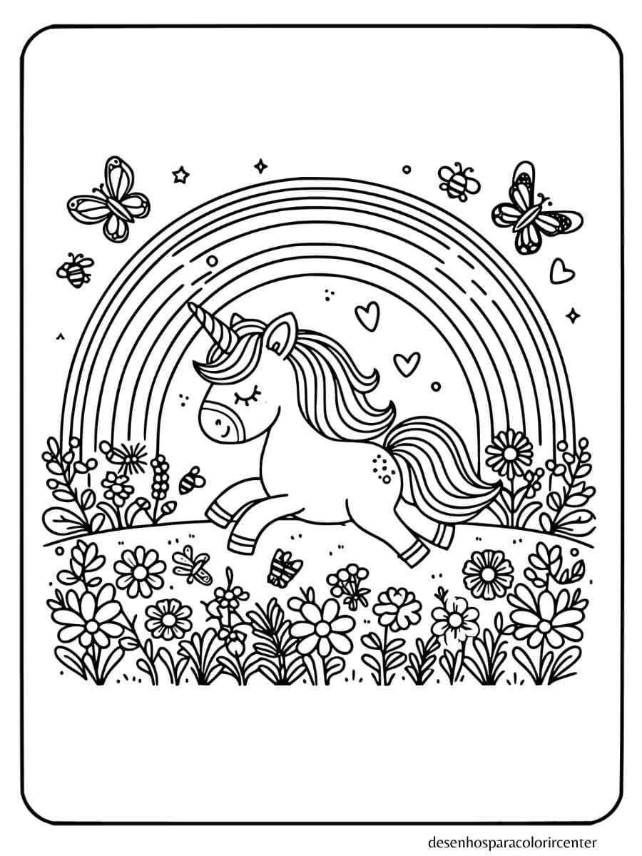 unicornio com arco iris para colorir brincando em um campo de flores
