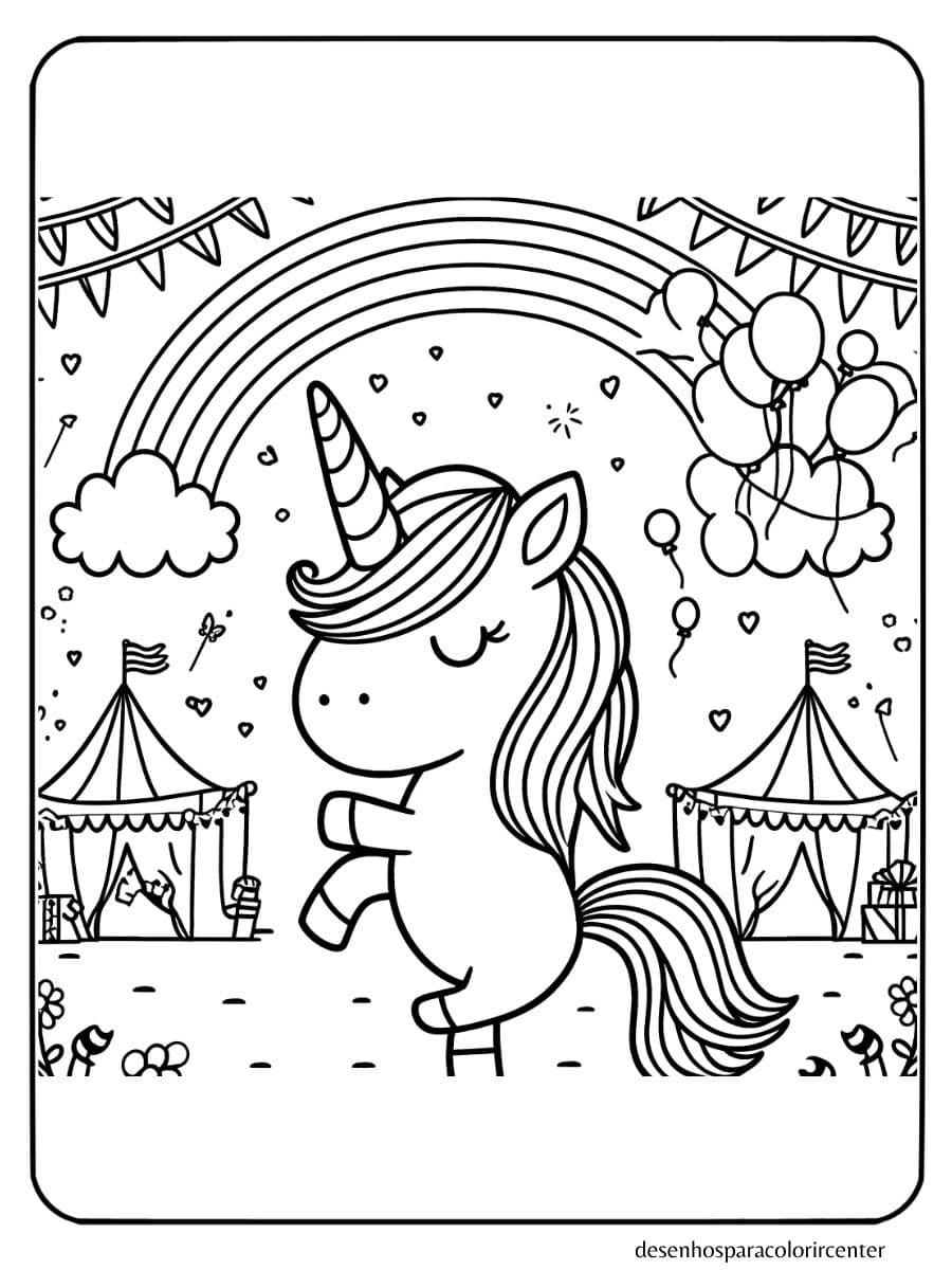 festival do arco-íris com unicornio com arco iris para colorir